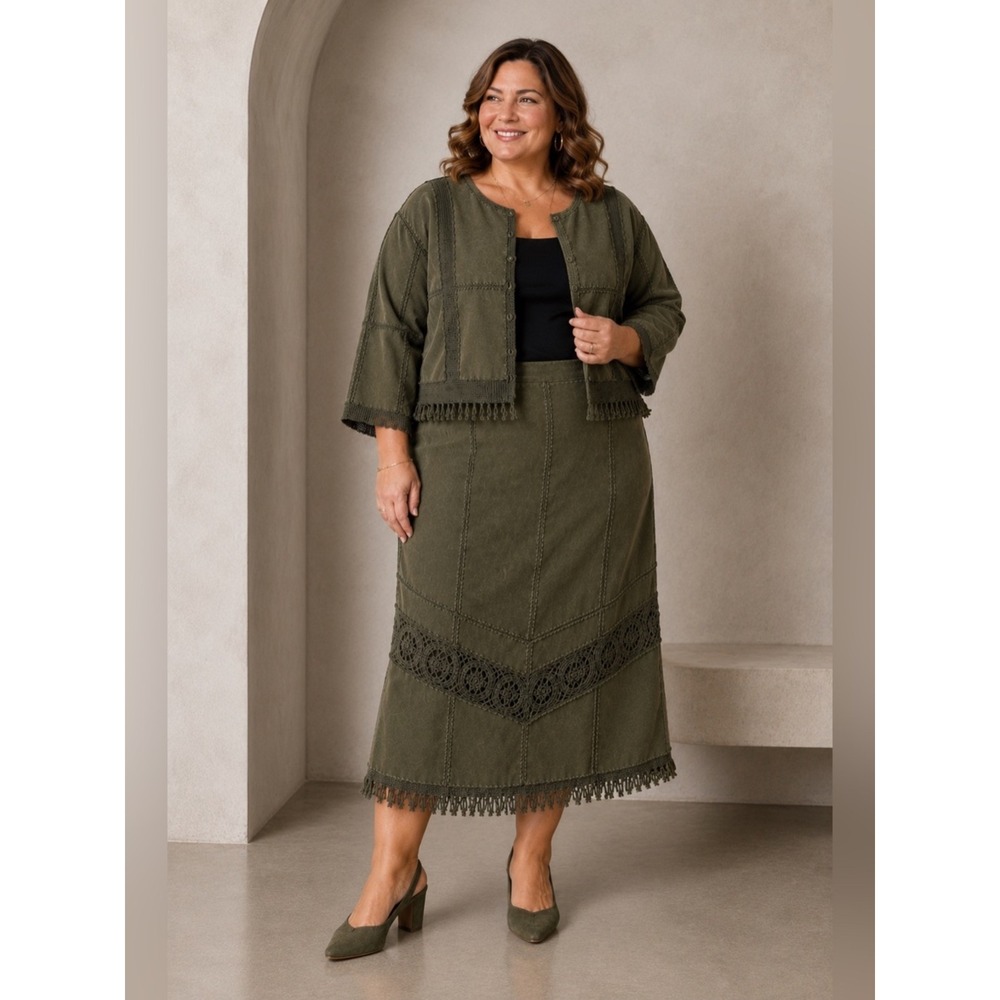 Vintage 80s Western Suede Leather Skirt Set 2X Patchwork Boho Ranchwear Olive‎